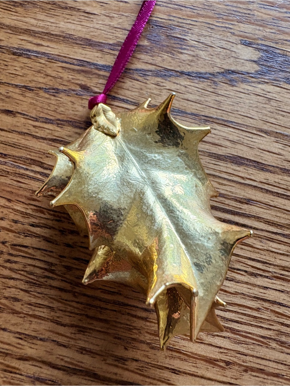 24K Gold Holly Leaf Hanging Christmas Ornament with Burgundy ribbon hanger - Picture 5 of 8